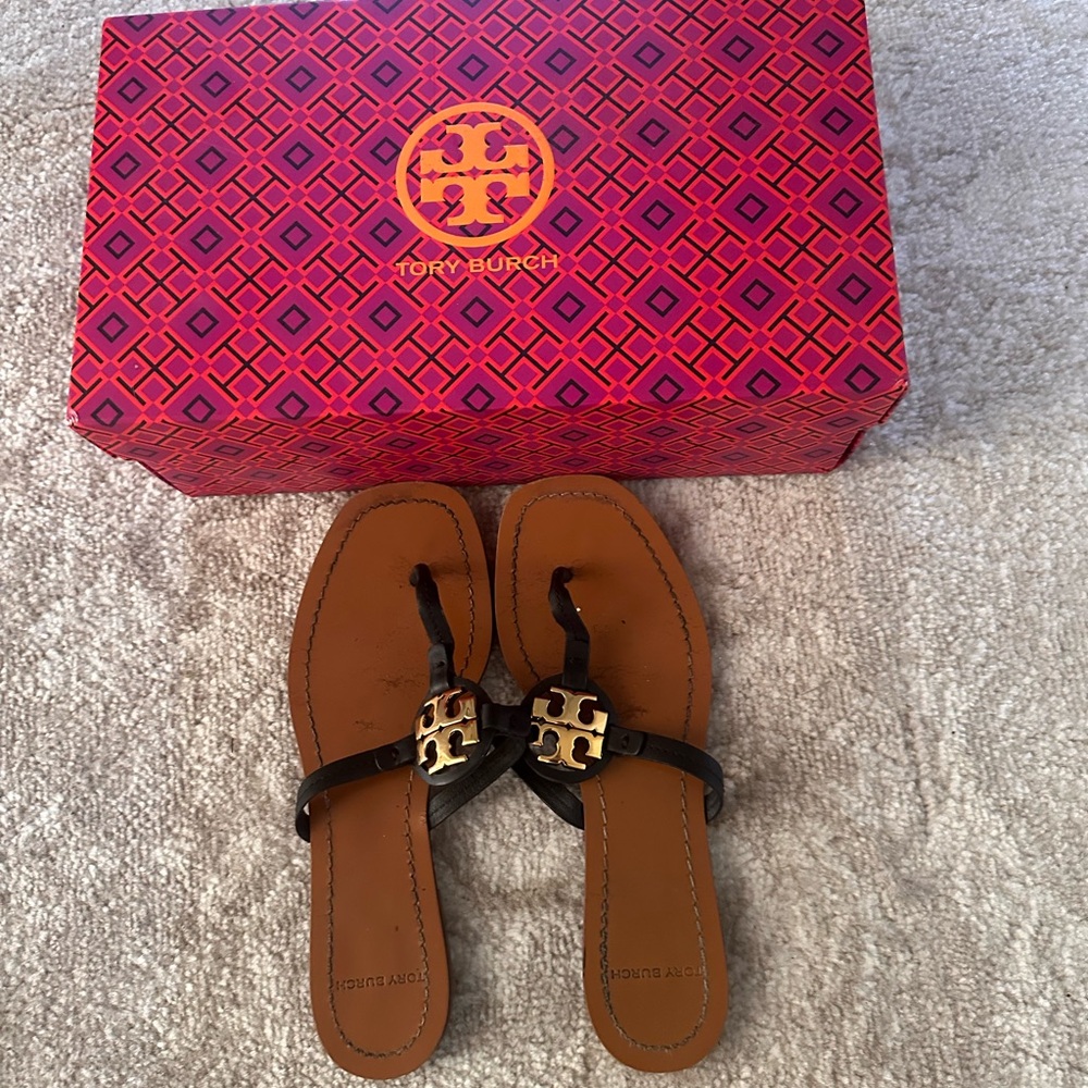 Tory Burch Brown Tan Leather Logo Thong Sandals